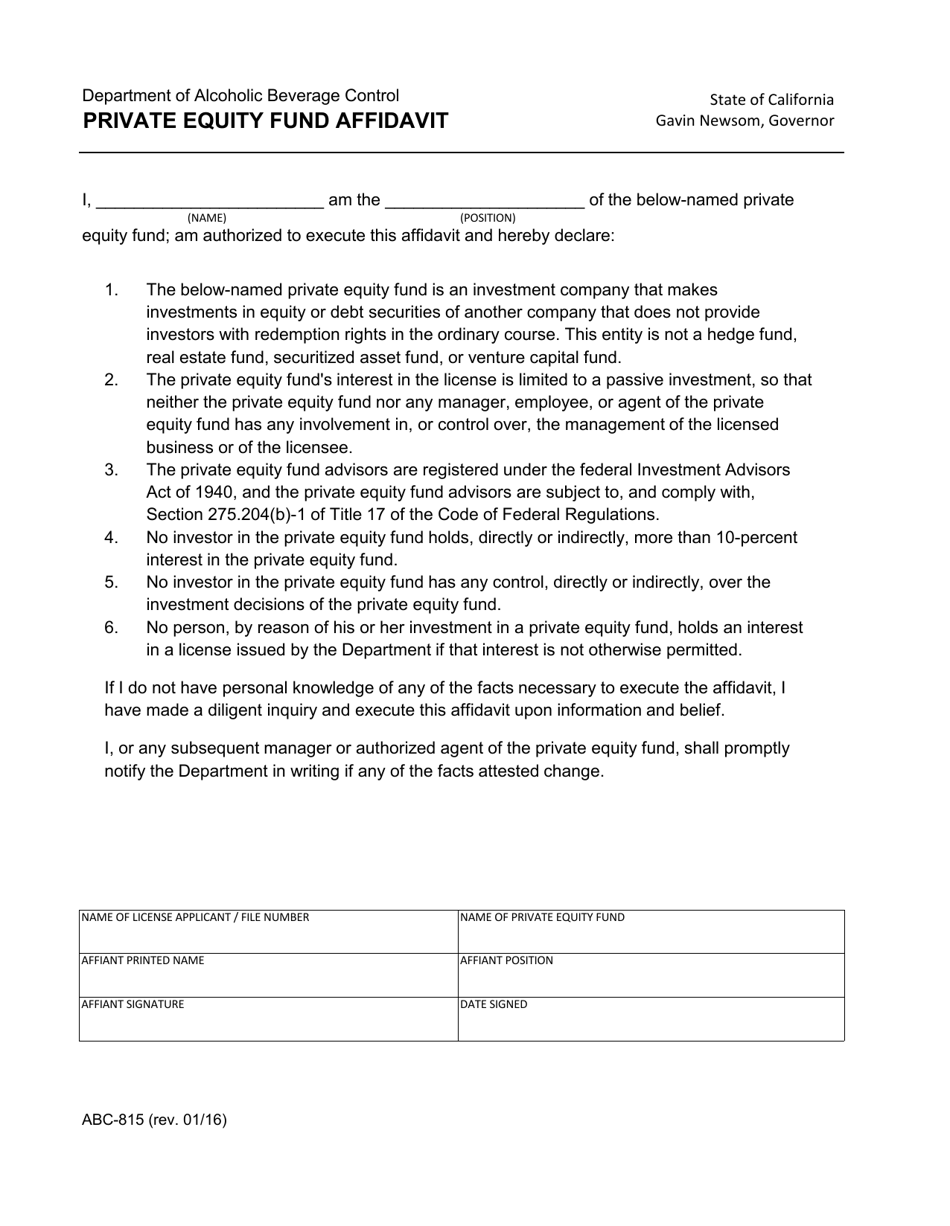 Form ABC-815 Private Equity Fund Affidavit - California, Page 1