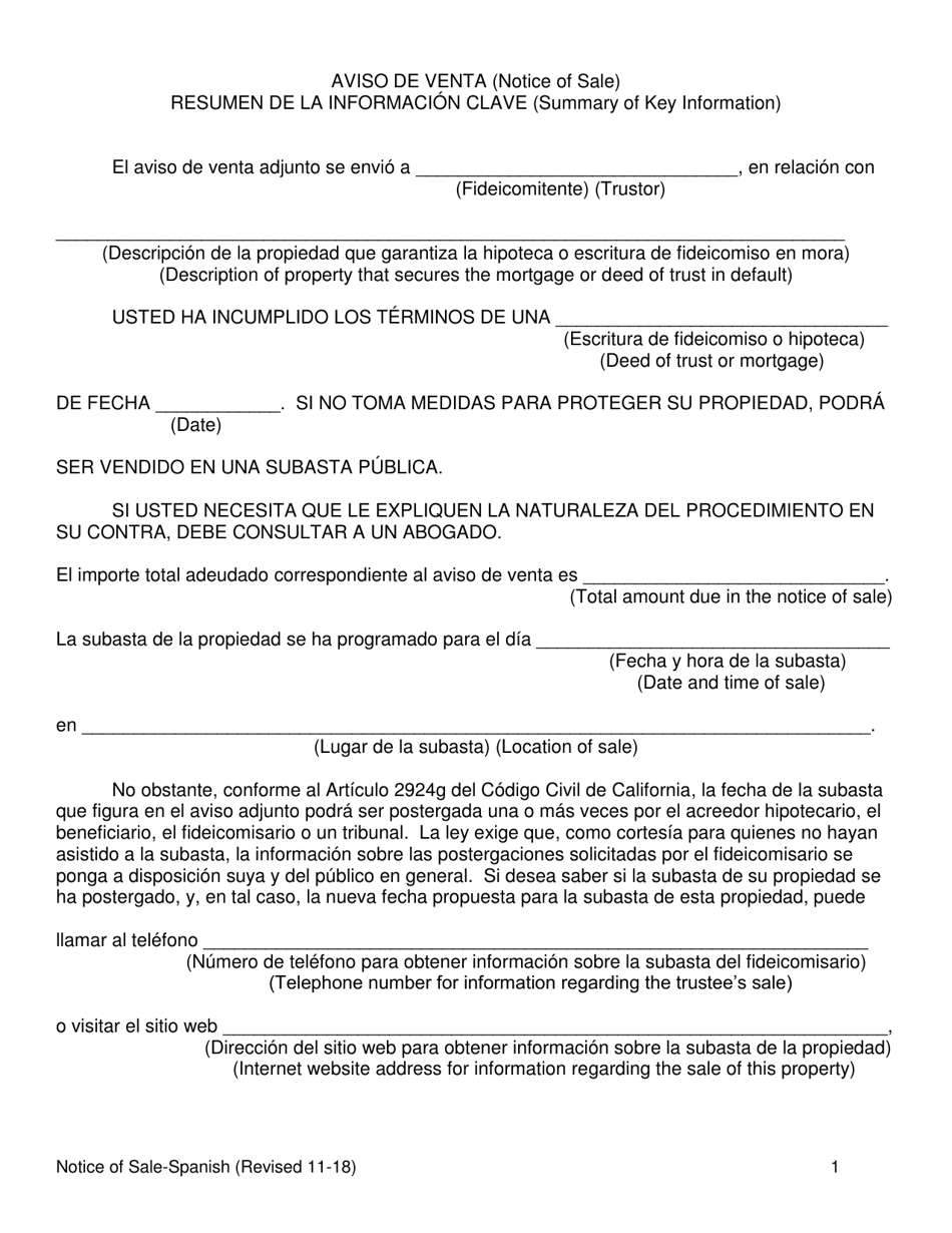 Form 2923.3 D2 Summary of Notice of Sale - California (English / Spanish), Page 1