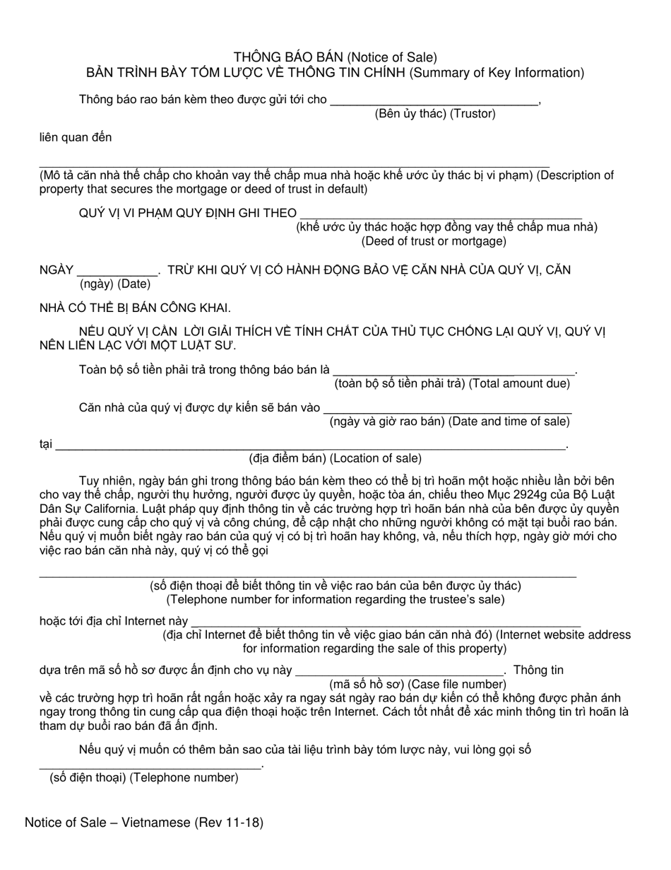 Summary of Notice of Sale - California (English / Vietnamese), Page 1
