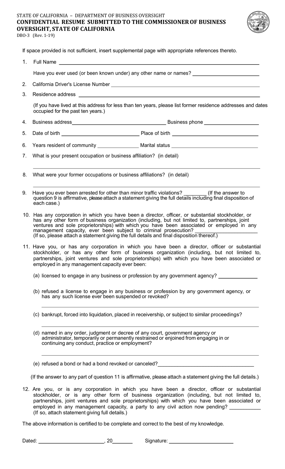 Form DBO-3 Confidential Resume Submitted to the Commissioner of Business Oversight, State of California - California, Page 1