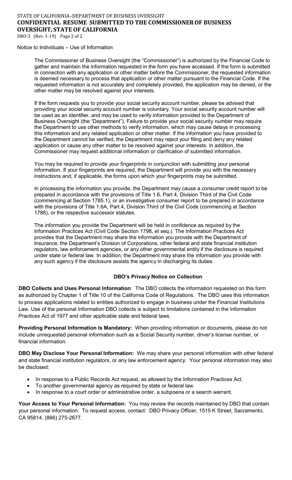 Form DBO-3 Confidential Resume Submitted to the Commissioner of Business Oversight, State of California - California, Page 2
