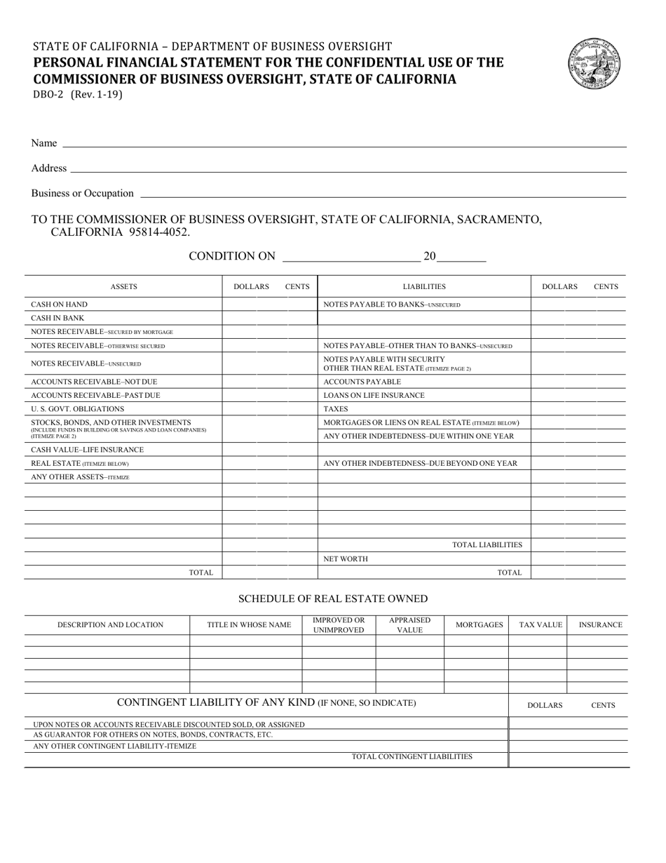 Form DBO-2 Personal Financial Statement for the Confidential Use of the Commissioner of Business Oversight, State of California - California, Page 1