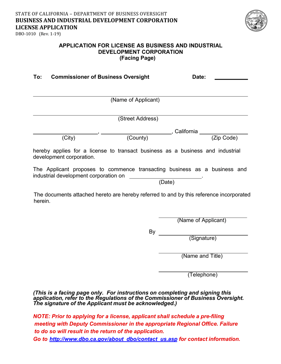 Form DBO-1010 Business and Industrial Development Corporation License Application - California, Page 1