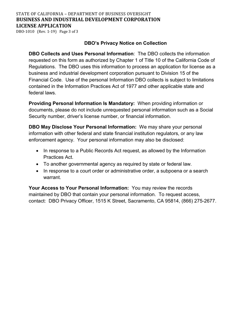 Form DBO-1010 Business and Industrial Development Corporation License Application - California, Page 3