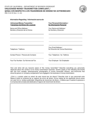 Document preview: Form DBO-2120 Unlicensed Money Transmitter Complaint - California (English/Spanish)