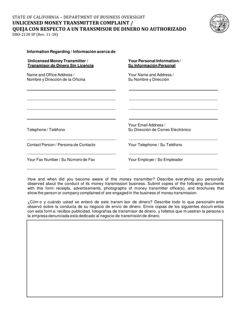 Form DBO-2120 Unlicensed Money Transmitter Complaint - California (English/Spanish)