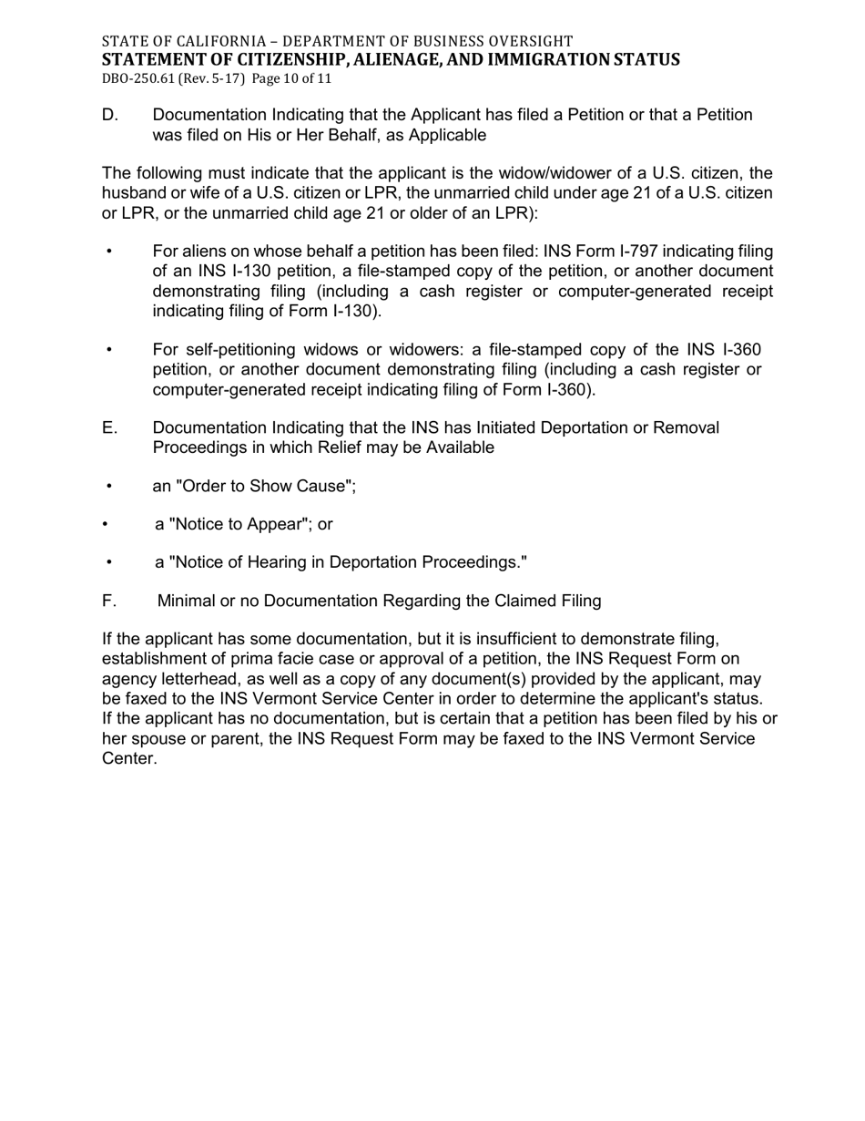 Form DBO-250.61 Statement of Citizenship, Alienage, and Immigration Status - California, Page 10