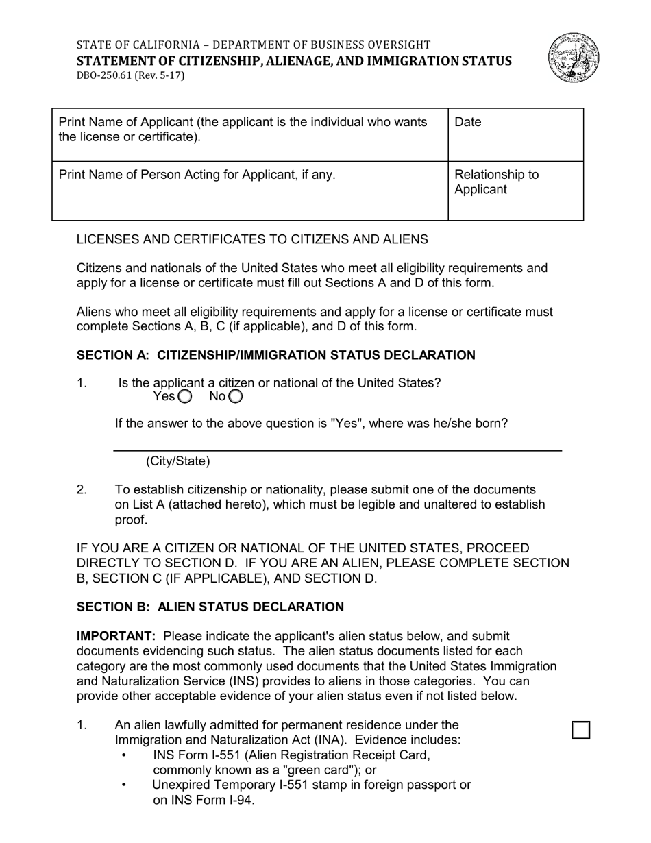 Form DBO-250.61 Statement of Citizenship, Alienage, and Immigration Status - California, Page 1