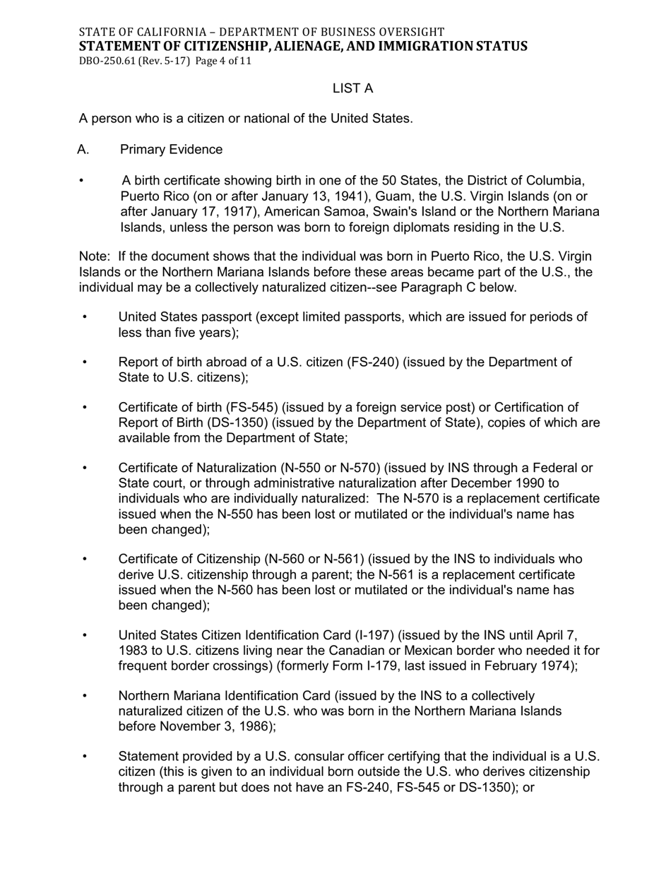 Form DBO-250.61 Statement of Citizenship, Alienage, and Immigration Status - California, Page 4