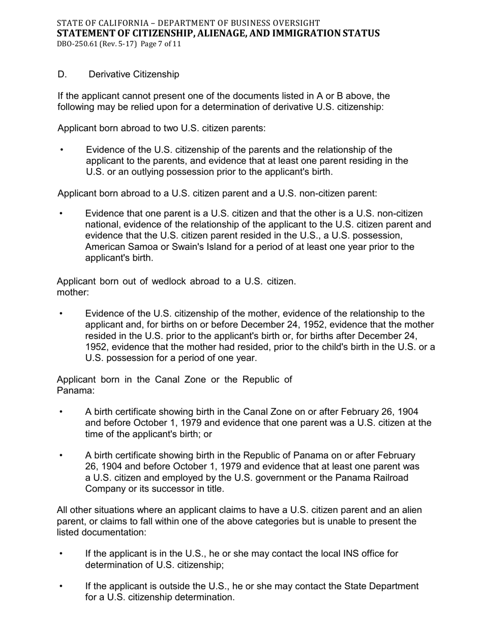 Form DBO-250.61 Statement of Citizenship, Alienage, and Immigration Status - California, Page 7