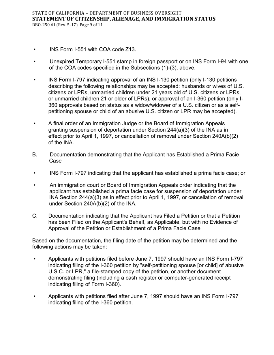 Form DBO-250.61 Statement of Citizenship, Alienage, and Immigration Status - California, Page 9