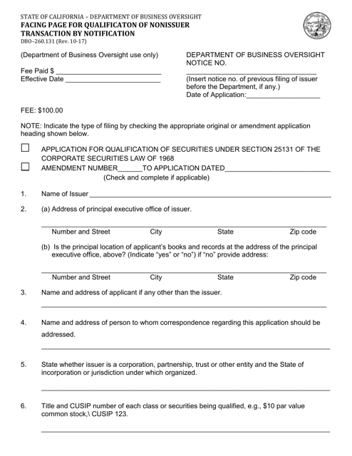 Form DBO-260.131 Facing Page for Qualificaton of Nonissuer Transaction by Notification - California