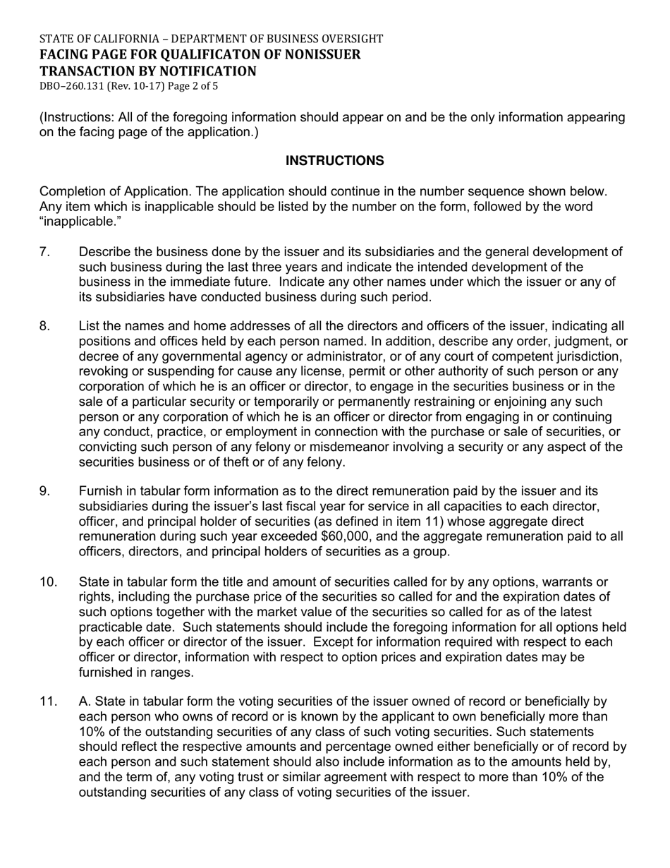 Form DBO-260.131 Facing Page for Qualificaton of Nonissuer Transaction by Notification - California, Page 2