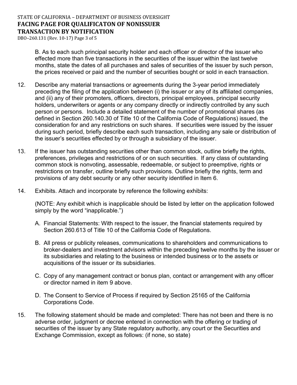 Form DBO-260.131 Facing Page for Qualificaton of Nonissuer Transaction by Notification - California, Page 3