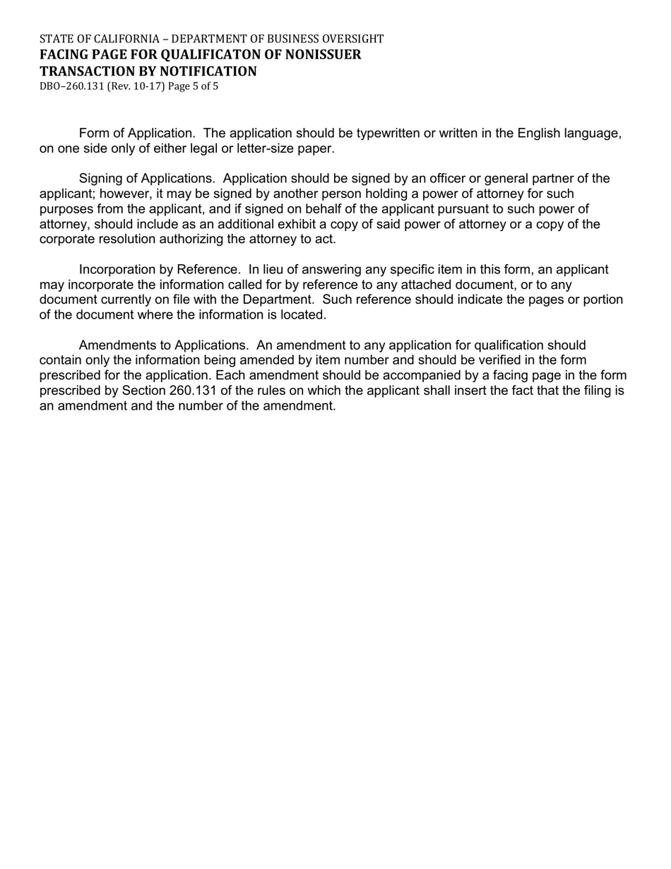 Form DBO-260.131 Facing Page for Qualificaton of Nonissuer Transaction by Notification - California, Page 5