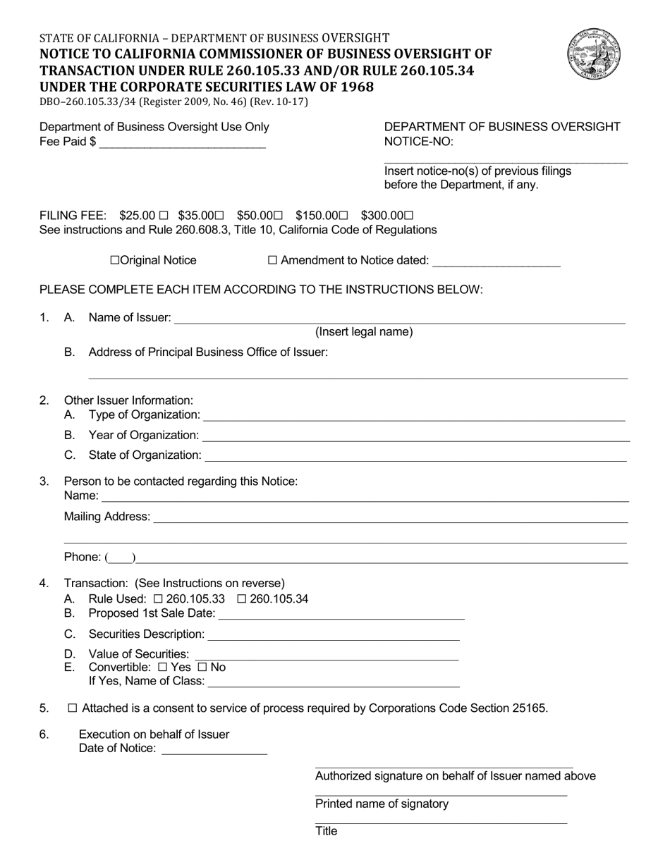 Form DBO-260.105.33 / 34 Notice to California Commissioner of Business Oversight of Transaction Under Rule 260.105.33 and / or Rule 260.105.34 Under the Corporate Securities Law of 1968 - California, Page 1