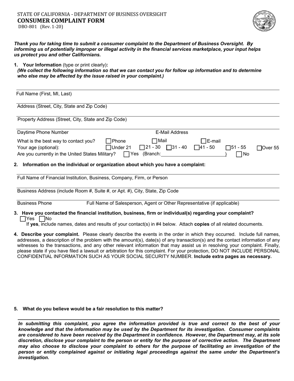 Form Dbo-801 Download Fillable Pdf Or Fill Online Consumer Complaint 