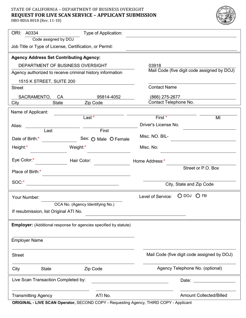 Form DBO-BDIA8018 Request for Live Scan Service - Applicant Submission - California, Page 1