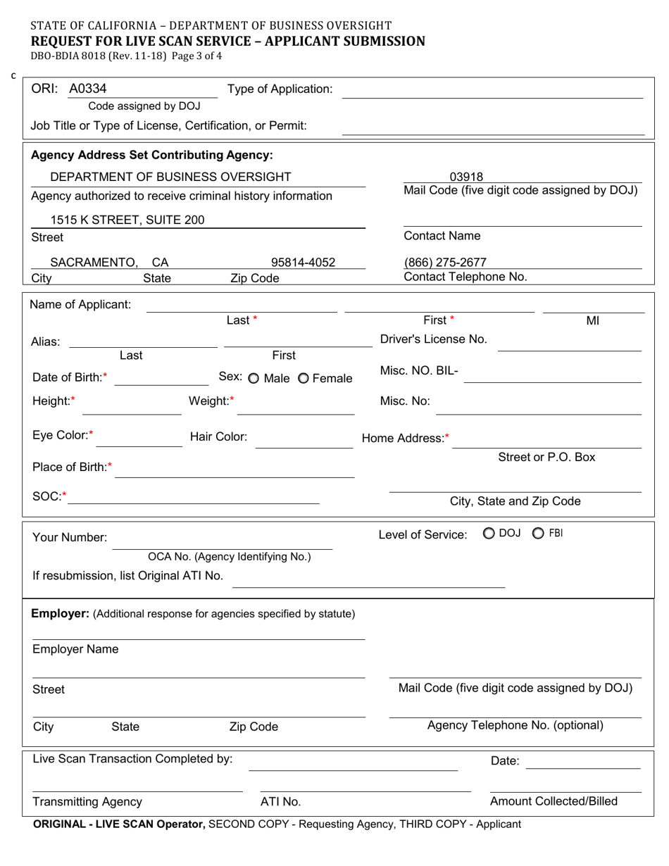 Form DBO-BDIA8018 Request for Live Scan Service - Applicant Submission - California, Page 3