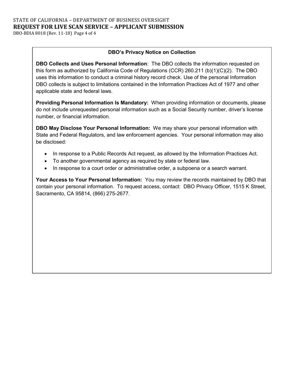 Form DBO-BDIA8018 Request for Live Scan Service - Applicant Submission - California, Page 4