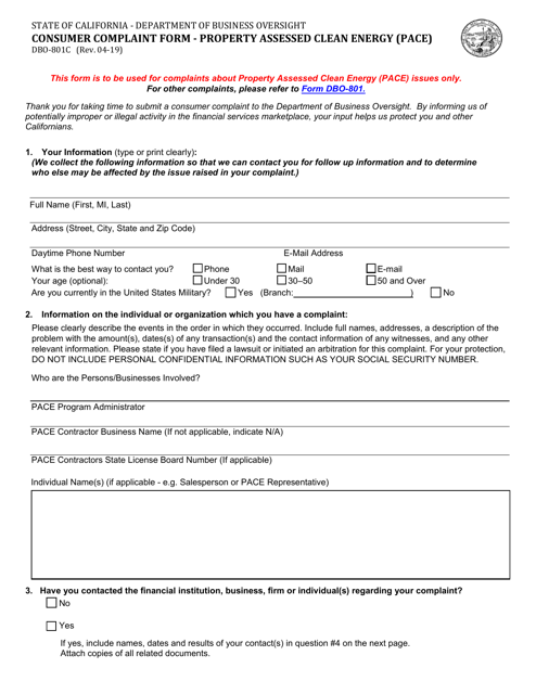 Form DBO-801C Consumer Complaint Form - Property Assessed Clean Energy (Pace) - California