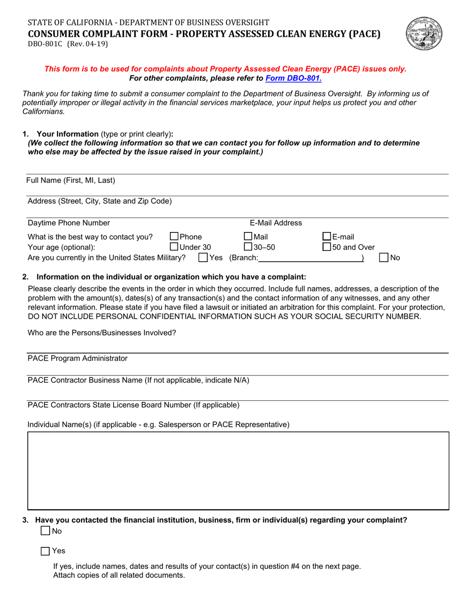Form DBO-801C Consumer Complaint Form - Property Assessed Clean Energy (Pace) - California, Page 1