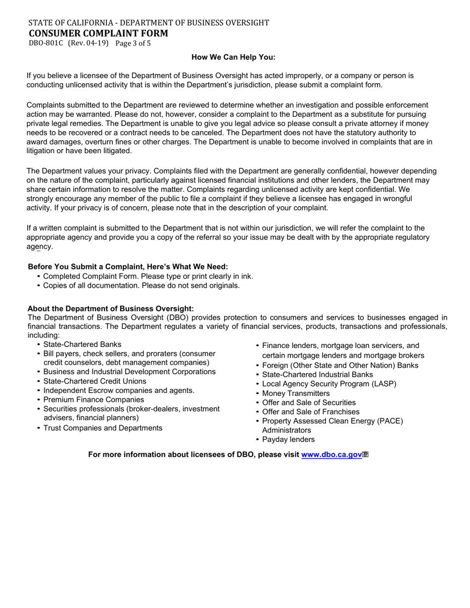 Form DBO-801C Consumer Complaint Form - Property Assessed Clean Energy (Pace) - California, Page 3