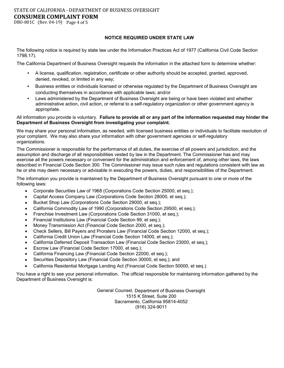 Form DBO-801C Consumer Complaint Form - Property Assessed Clean Energy (Pace) - California, Page 4