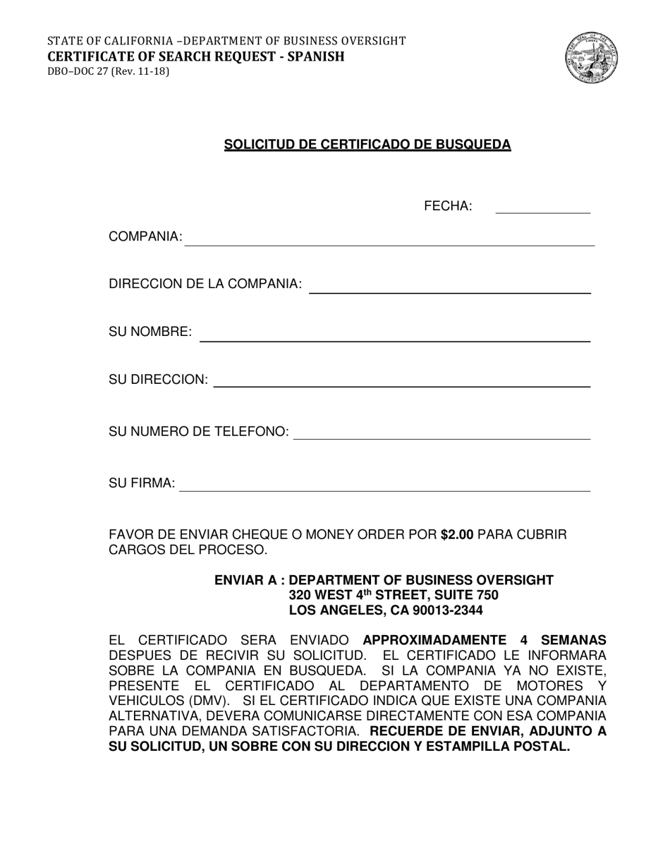 Formulario DBO-DOC27 Solicitud De Certificado De Busqueda - California (Spanish), Page 1