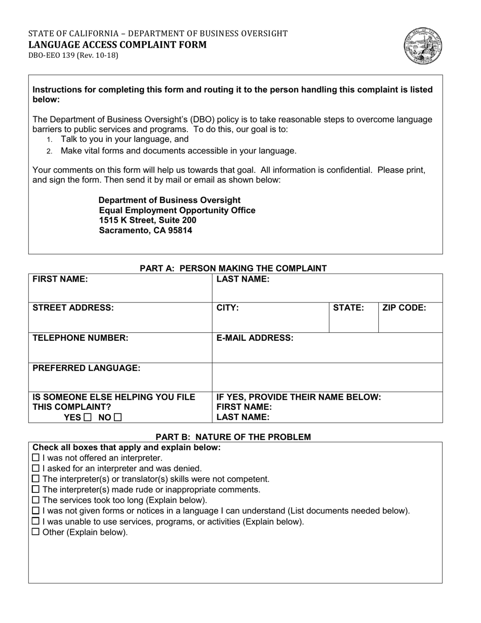 Form DBO-EEO139 Language Access Complaint Form - California, Page 1