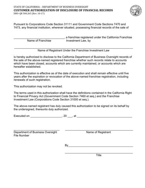 Form DBO-QR500.265 Customer Authorization of Disclosure of Financial Records - California