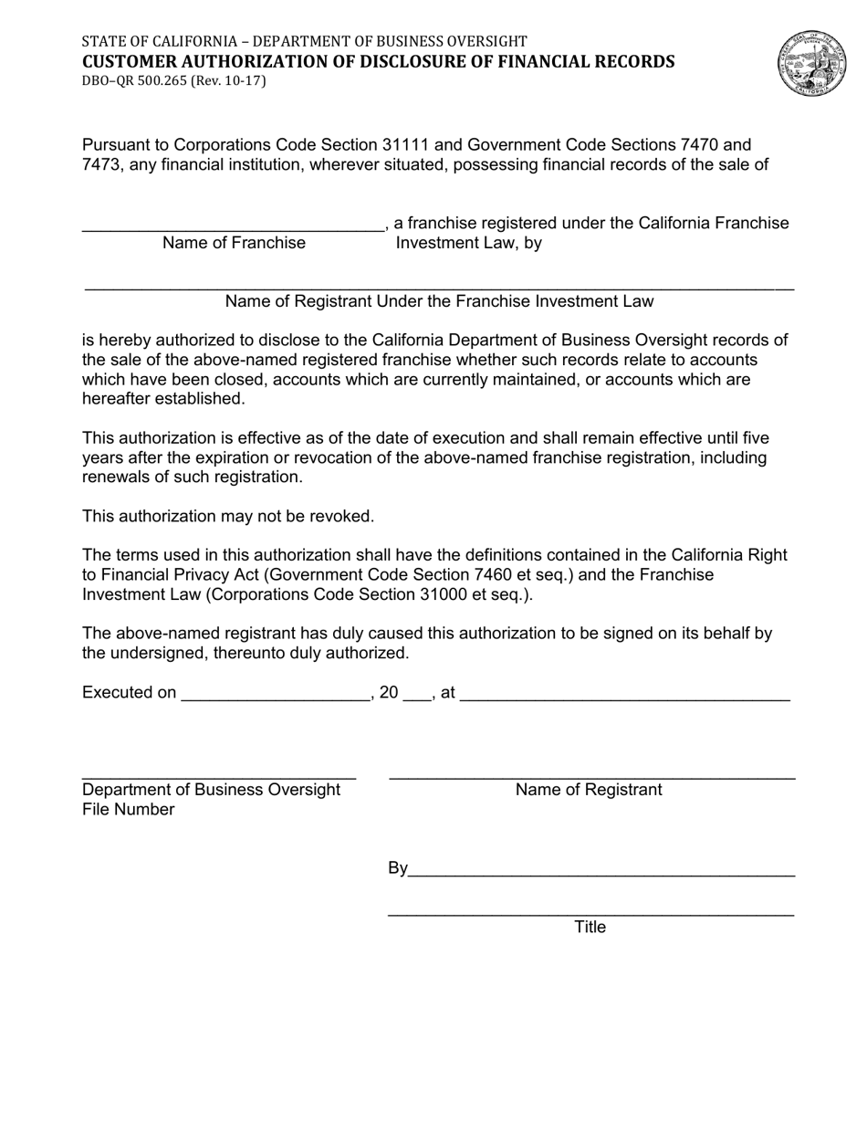 Form DBO-QR500.265 Customer Authorization of Disclosure of Financial Records - California, Page 1