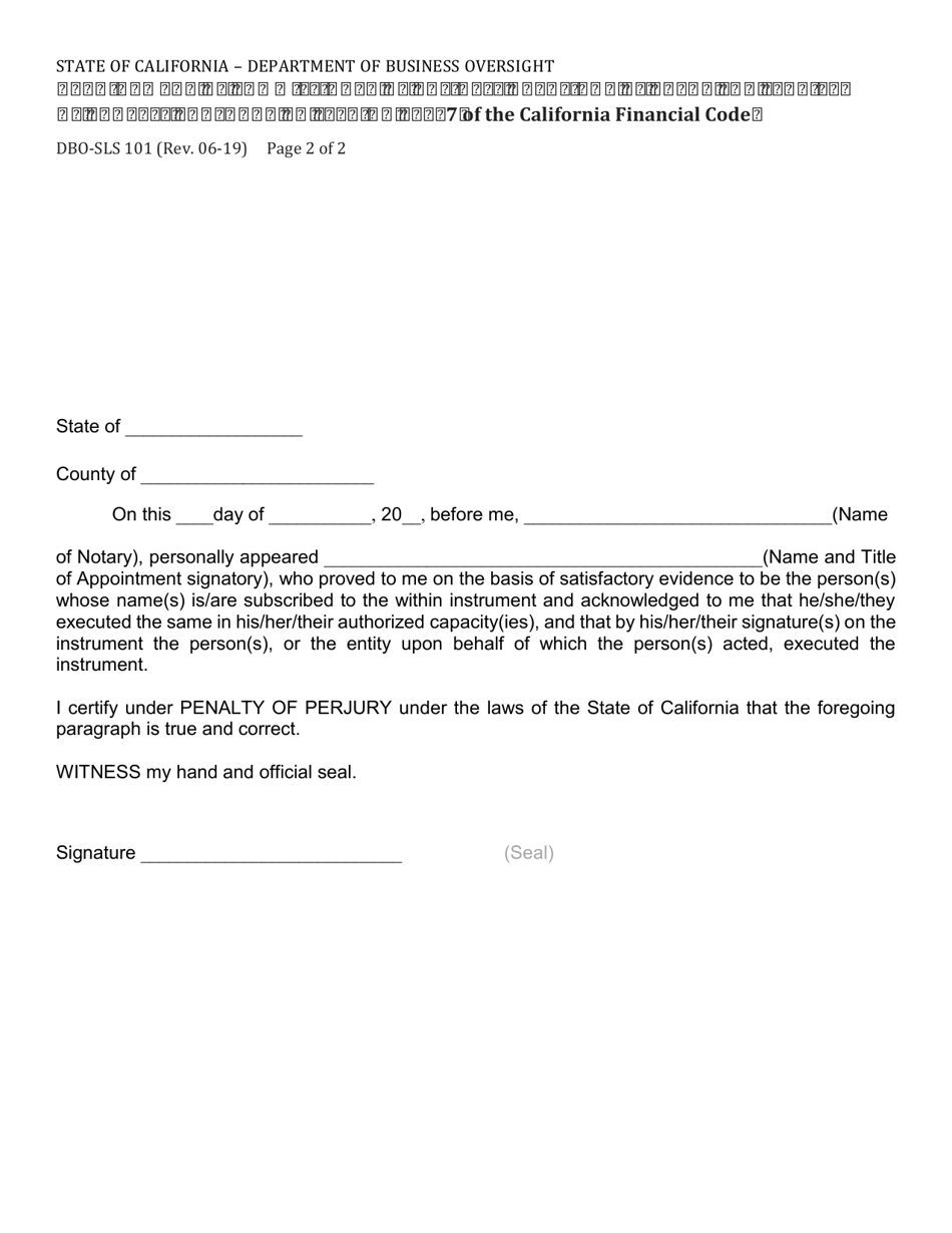 Form DBO-SLS101 Appointment of Commissioner of Business Oversight as Agent for Service of Process Pursuant to Section 28117 of the California Financial Code - California, Page 2