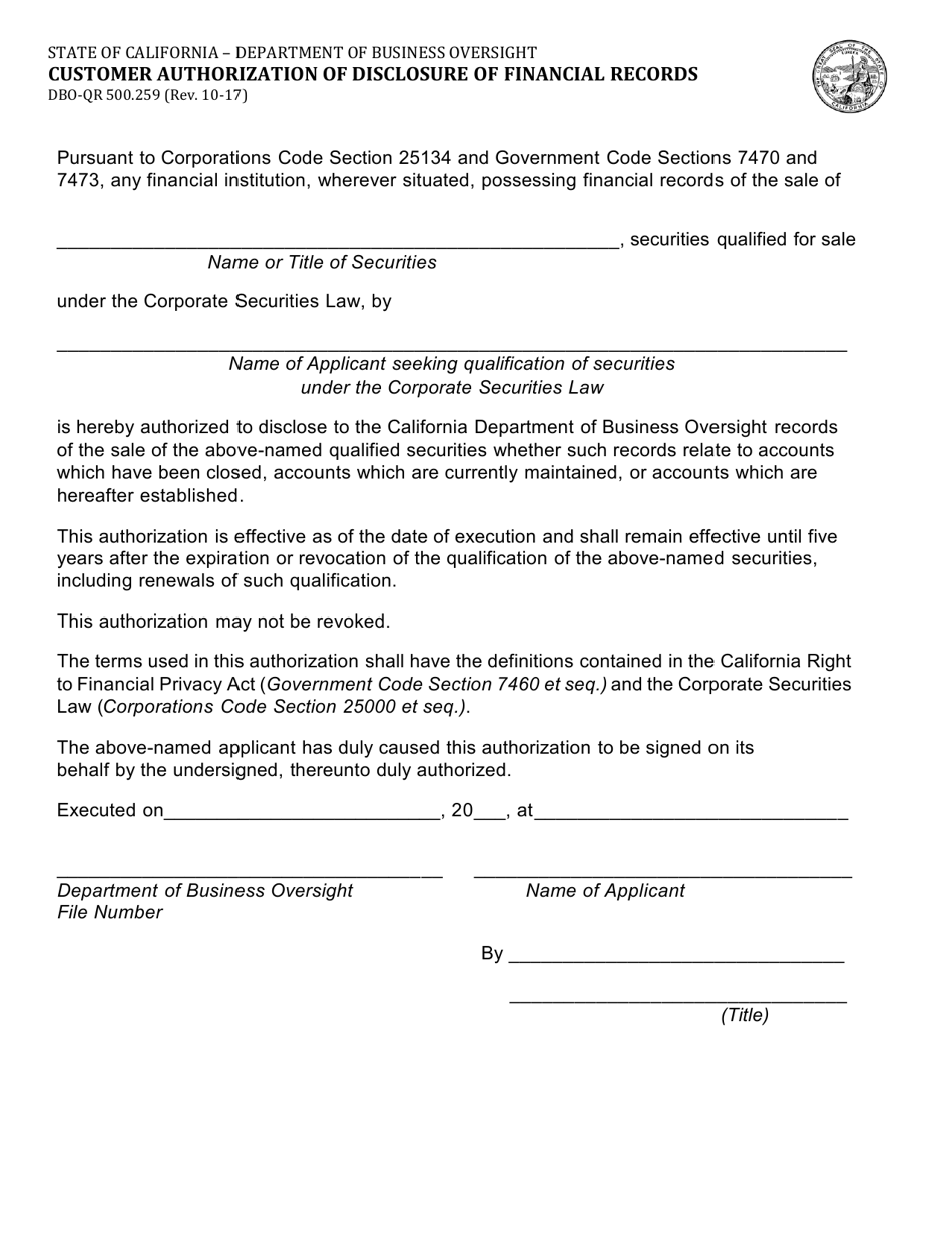Form DBO-QR500.259 Customer Authorization of Disclosure of Financial Records - California, Page 1