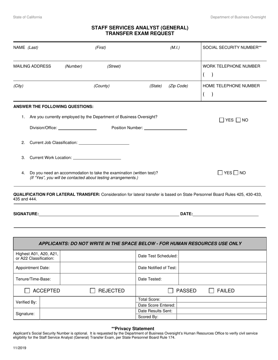 Staff Services Analyst (General) Transfer Exam Request - California, Page 1