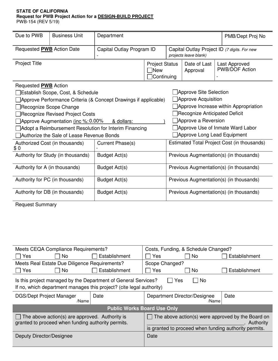 Form PWB-154 Request for Pwb Project Action for a Design-Build Project - California, Page 1
