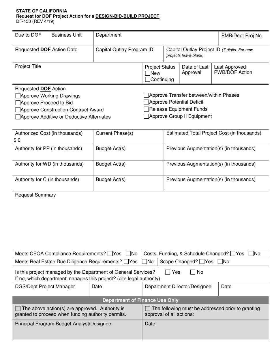 Form DF-153 Request for Dof Project Action for a Design-Bid-Build Project - California, Page 1