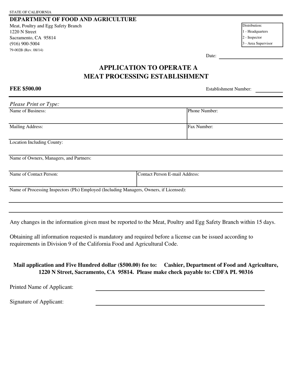 Form 79-002B Application to Operate a Meat Processing Establishment - California, Page 1