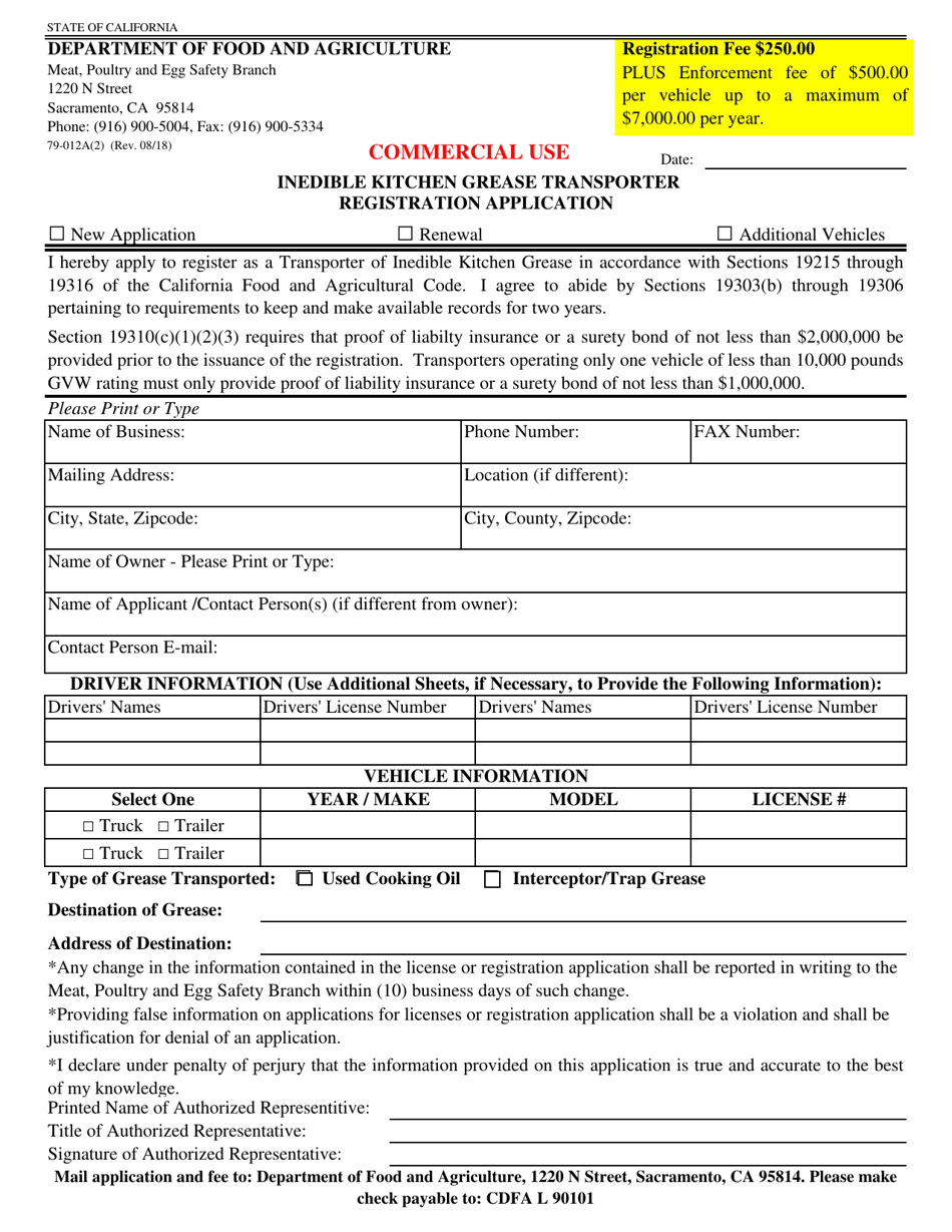 Form 79-012A(2) Inedible Kitchen Grease Transporter Registration Application - California, Page 1
