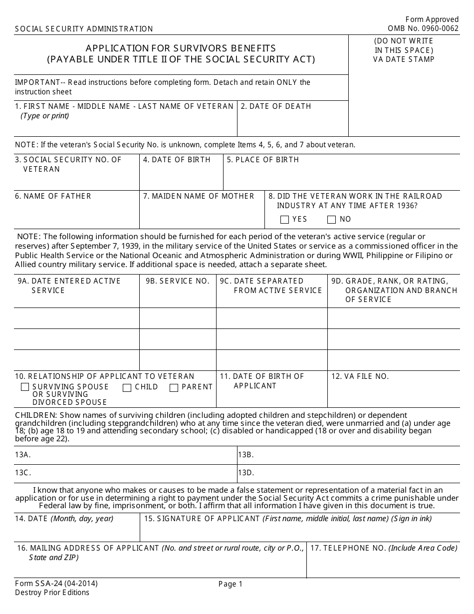 Form SSA-24 Application for Survivors Benefits, Page 1