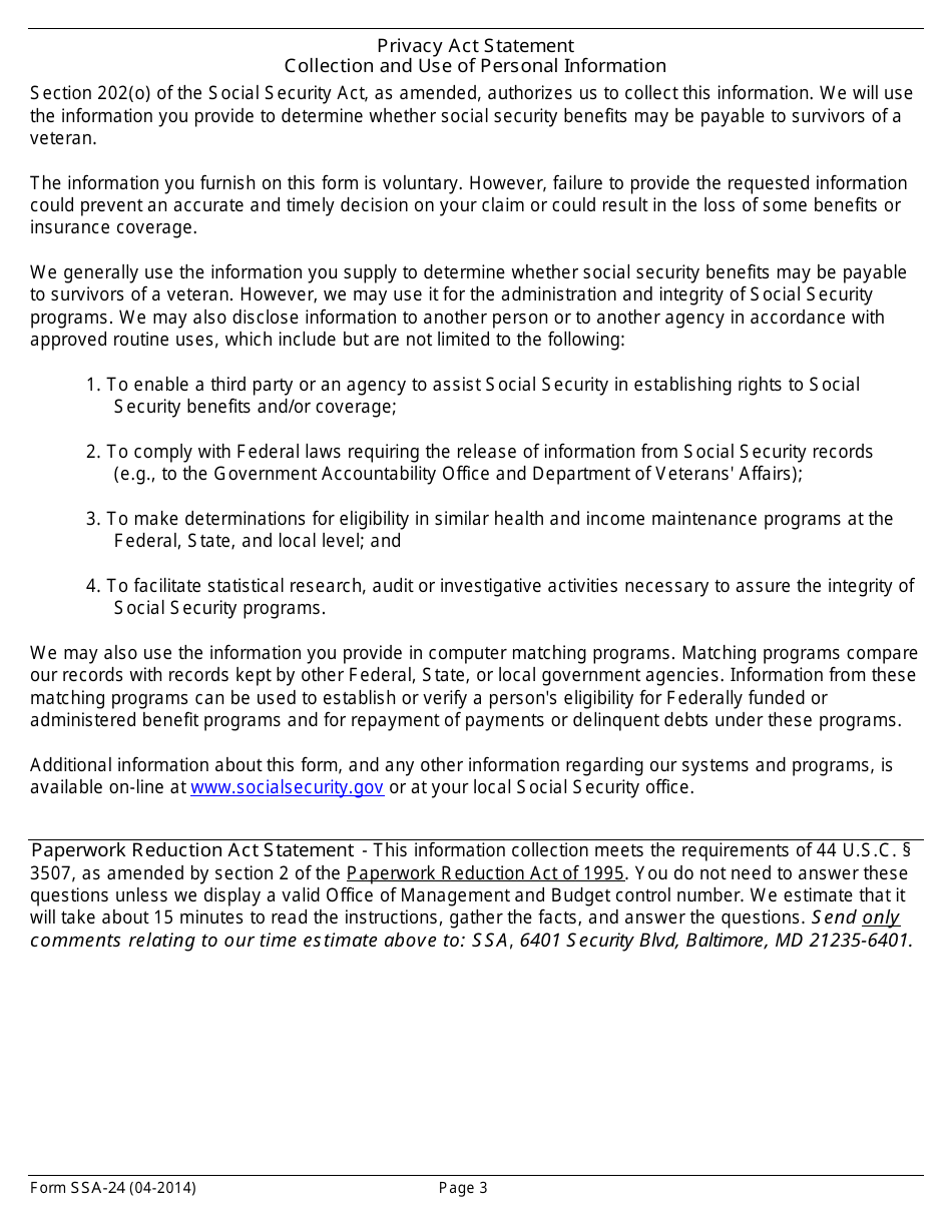 Form SSA-24 Application for Survivors Benefits, Page 3