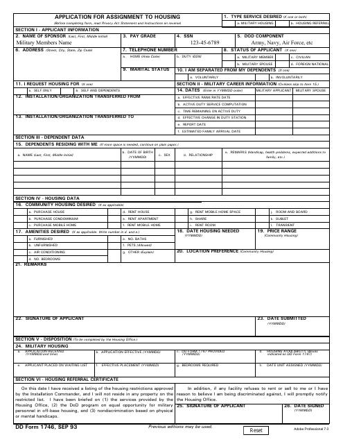 DD Form 1746 Application for Assignment to Housing