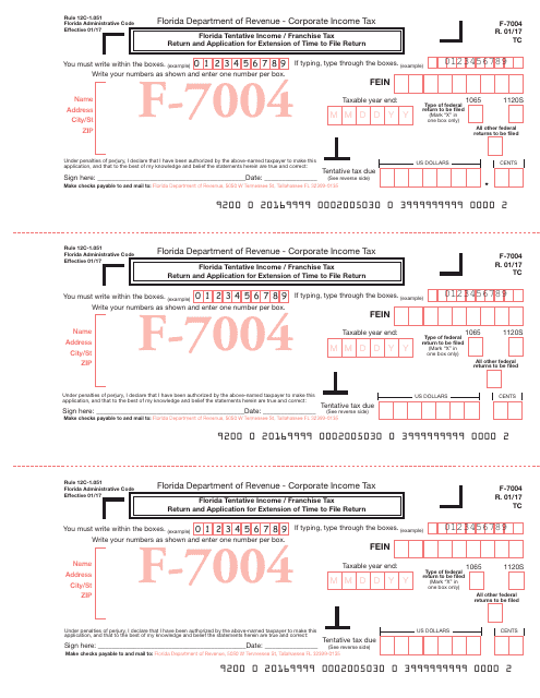 Form F 7004 Download Printable PDF Florida Tentative Income 