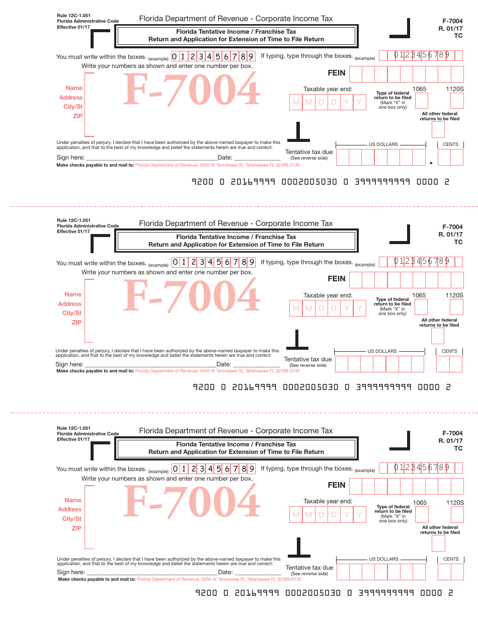 Form F-7004 Florida Tentative Income / Franchise Tax Return and Application for Extension of Time to File Return - Florida, Page 1