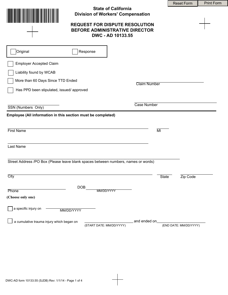 DWC-AD Form 10133.55 Request for Dispute Resolution Before Administrative Director - California, Page 1