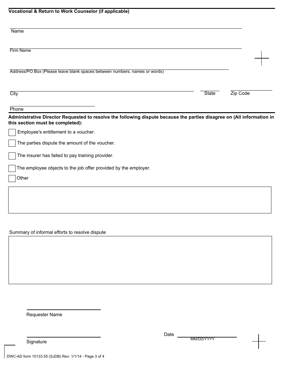 DWC-AD Form 10133.55 Request for Dispute Resolution Before Administrative Director - California, Page 3