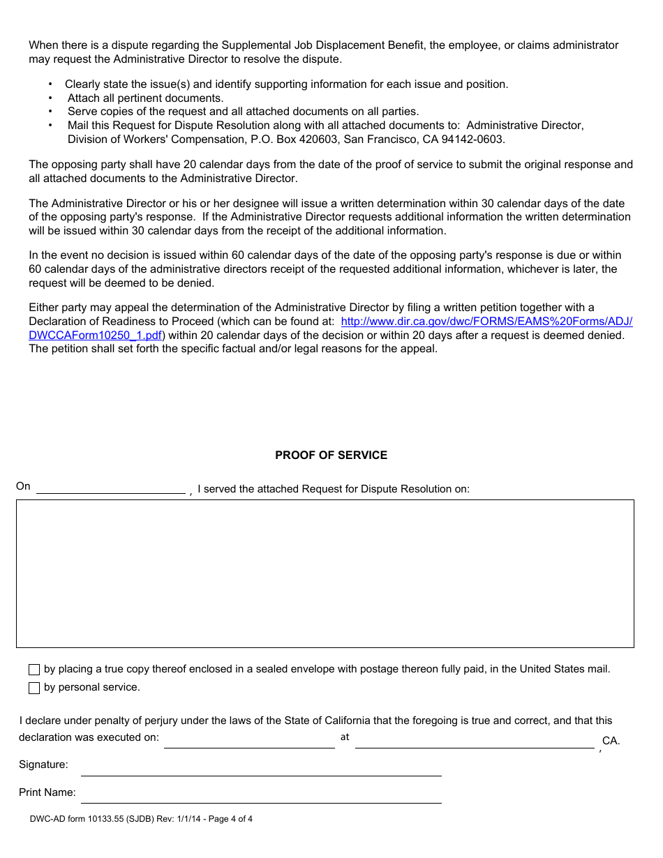 DWC-AD Form 10133.55 Request for Dispute Resolution Before Administrative Director - California, Page 4