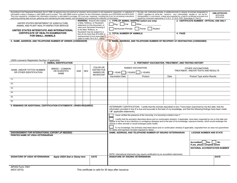 aphis form 7001 download fillable pdf or fill online united states interstate and international certificate of health examination for small animals templateroller