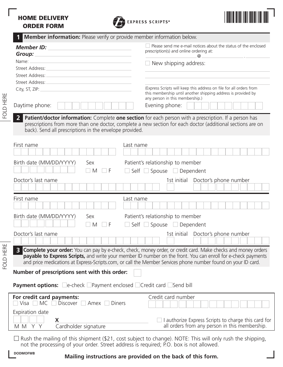 Form DODMOFWB Home Delivery Order Form - Express Scripts, Page 1