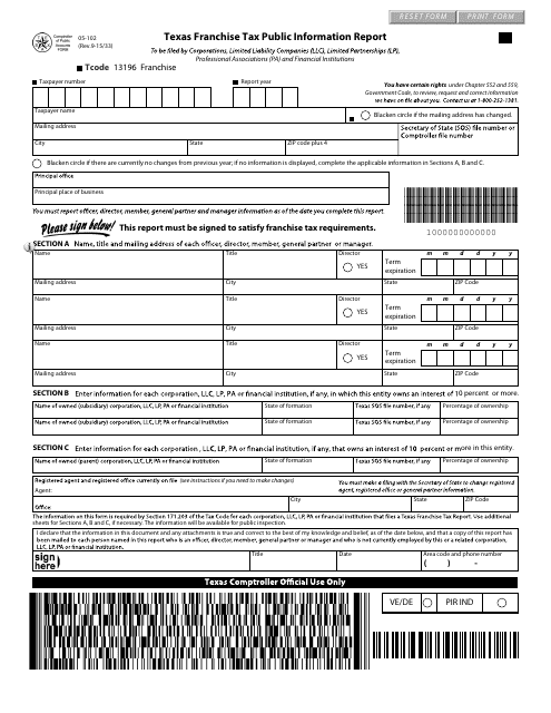Form 05-102 Texas Franchise Tax Public Information Report - Texas